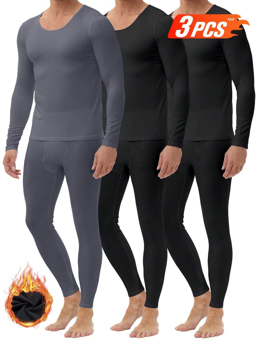 3 Pack Thermal Underwear For Boyfriend Style Men Long Johns Fleece Lined Soft And Warm Set Base Layer For Cold Weather - 黑-黑-灰 - 查看 1