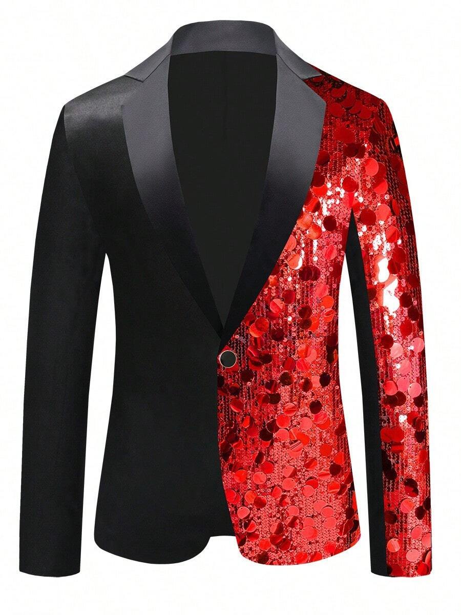 Men's Shiny Sequin Blazer Jacket, Stage Performance & Nightclub Style - Red - View 1