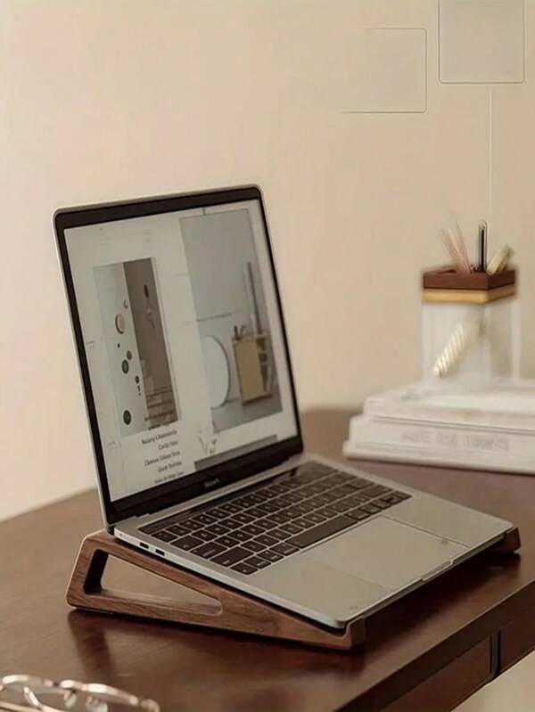 Portable Foldable Wooden Laptop Stand - Ergonomic Angle Adjustment (12°) With Heat Dissipation Ventilation, Triangular Wooden Tray Suitable For Tablets And Mini Laptops, Compact Design, Natural Finish