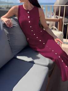 Đầm dệt kim không tay thanh lịch trang trí nút kim loại ôm vừa vặn cho nữ, đa năng cho công việc và giải trí, mùa xuân/hè - Màu Đỏ Sâu - Xem 8