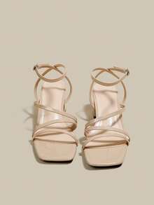 女式杏色高跟凉鞋，交叉露趾系带粗跟凉鞋，夏季鞋 - 杏色 - 查看 6