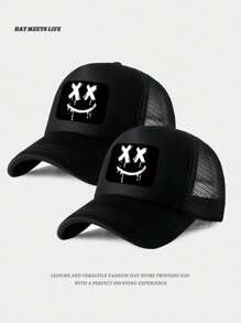 Unisex Smiling Face Printed Adjustable Mesh Baseball Cap, Breathable Outdoor Sun Hat For Everyday Commuting