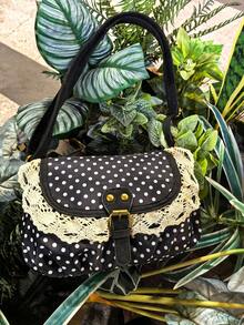 Túi xách chấm bi phong cách Hàn Quốc Back To School màu tương phản, thích hợp cho sinh viên đại học, túi đeo chéo, túi vải bố chấm bi cao cấp, túi đi học cho nữ - màu đen - Xem 4