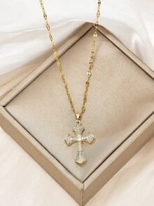 1pc Luxury Copper Zirconia Cross Pendant Necklace For Women - 金色 - 查看 2