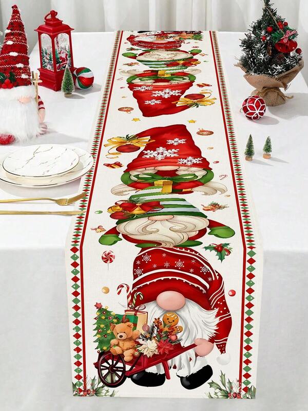 1pc Christmas Ball Gnome Pattern Table Runner, Christmas Decorative Tablecloth Ideal For Holiday Farmhouse Winter Party Decor Kitchen Home Decor Indoor And Outdoor Decor