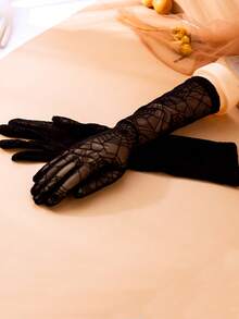 1 Pair Lace Fingerless Gloves, Cartoon Spider Web Design For Halloween Stage Performance, Black