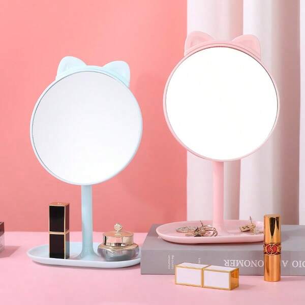 1 pieza Espejo de maquillaje portátil y desmontable con peine con forma de gato, espejo decorativo de tocador para escritorio, dormitorio, dormitorio universitario