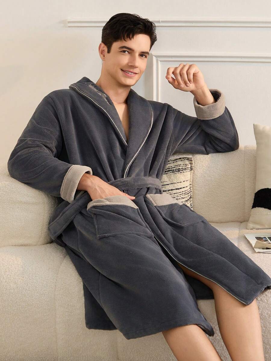 Men's Flannel Shawl Collar Long Fluffy Robe With Pockets & Waist Tie, Embroidered Letter Design, Winter, Fall, Cozy - Dark Grey - View 1