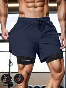 Plus Size Men's Printed Fitness Shorts, 2-In-1 Loose Workout Pants, Elastic Breathable Running Shorts, Summer Sports - Blue - View 4