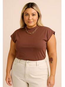 T-Shirt Muscletee Blouse Plus Size In Black Brown White Cotton Knitted Fabric Office Spring Summer - 鏽棕色 - 查看 1