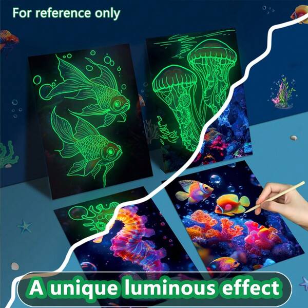 4 Sheets/Set Of Luminous Scratch Paper, Creative Whale/Butterfly/Peacock/Underwater World, Colored Pressure Reducing Scratch Paper Series, No Need For Coloring, Diy Painting Set Gift Decoration