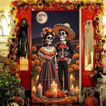 Fondo colorido de Día de los Muertos mexicano con banner plano 2D, calavera de azúcar multicolor, tocado floral, decoración de fiesta de poliéster duradero adecuado para Día de los Muertos, cumpleaños, boda, Halloween