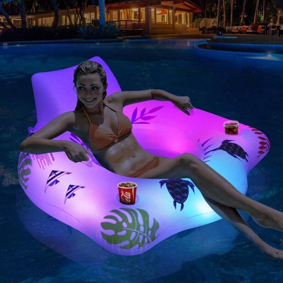 Inflatable Pool Floats Chair With Color Changing Light Solar Powered Water Floats For Adults With 2 Cup Holders 2 Armrests Beach Float Pool Sofa Pool Raft Lounge Pool Floaties For Adult - 1Pc - 查看 1