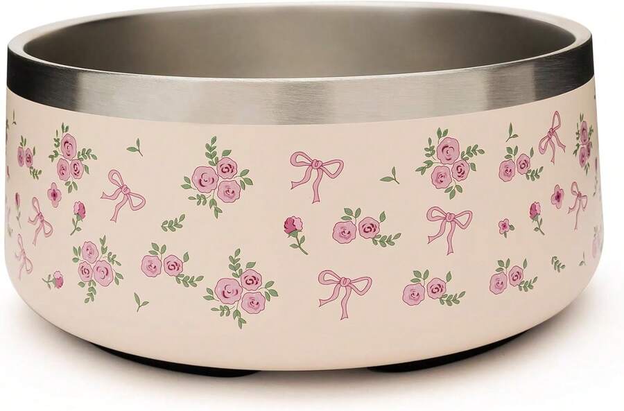 Dog Bowl Medium Breed - 4 Cup Non Slip Anti Rust, Insulated Metal Stainless Steel Dog Bowls - Spill Proof Heavy Duty - Water Bowl For Dogs, Dishwasher  (32 Oz, Floral Bow),13360810 - Pink - View 1