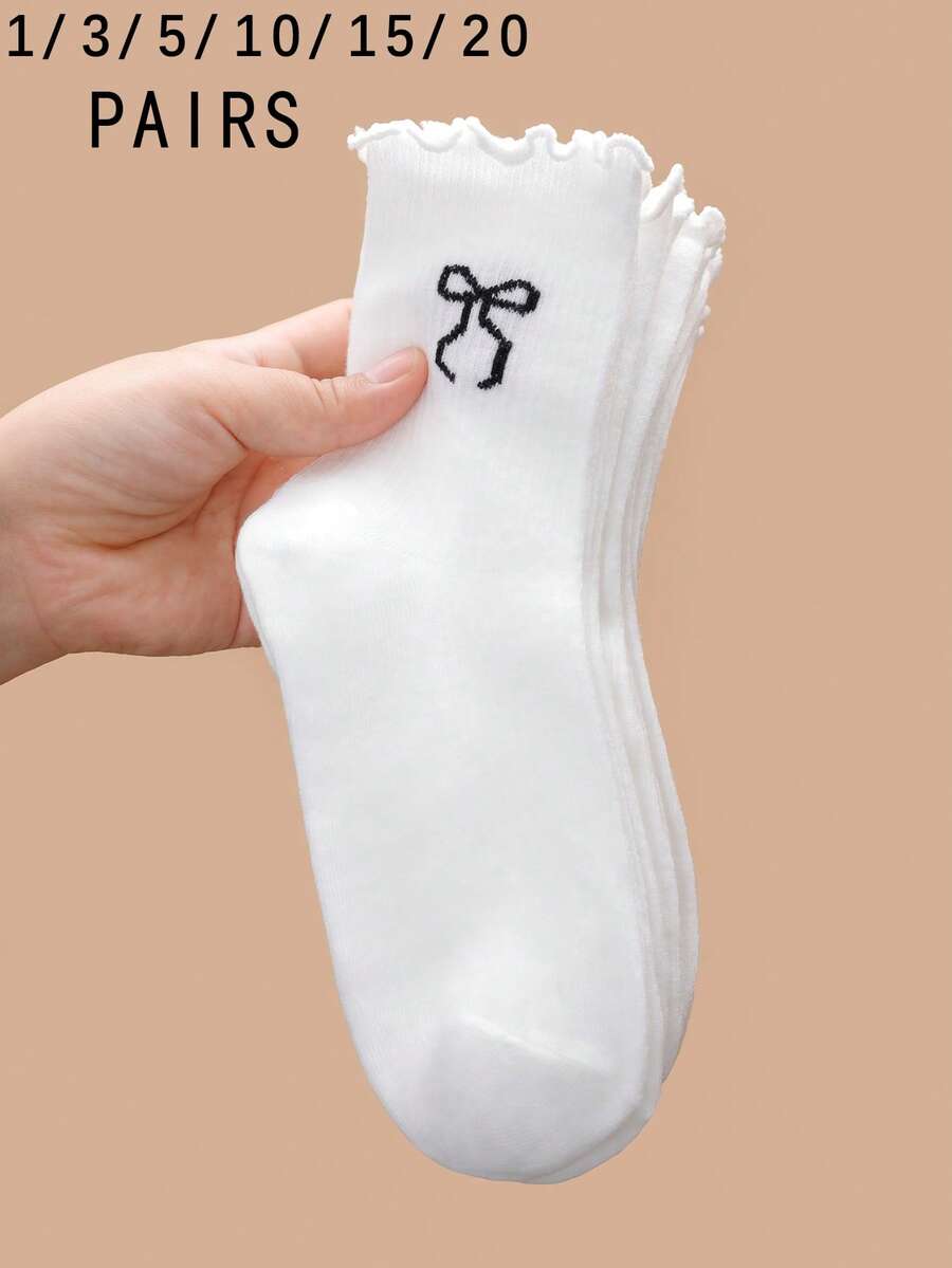 1/3/5/10/15/20 Pairs Women White Ruffle Bow Decor Comfortable Simple JK Style Breathable Mid-Calf Socks