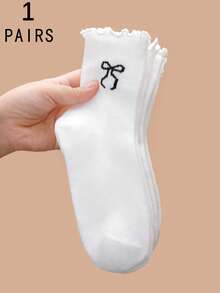1/3/5/10/15/20 Pairs Women White Ruffle Bow Decor Comfortable Simple JK Style Breathable Mid-Calf Socks - White - View 22