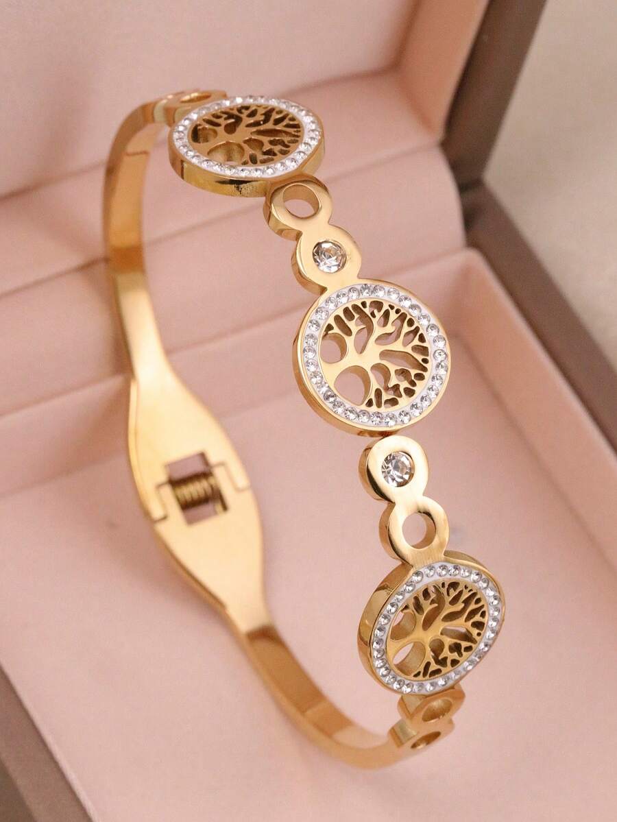 1pc Vintage Rhinestone Inlaid Tree Of Life Stainless Steel Bracelet For Women