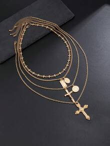 4pcs Znice Fashion Personalized Cross Pendant Necklace, Hiphop Unique Pearl Layered Choker Necklace, Gift For Father's Day And Mother's Day