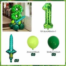 40 Inch Green Pixel Miner Themed Balloon Set, Diamond Sword Aluminum Film Balloon Jungle Game Event, Birthday Party Decoration
