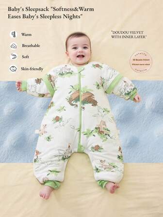 Children Velvet Dot Plush Leg-Split Sleep Sack Toddler Boy Girls Kids Cartoon Printed Detachable Sleeve Cozy Comfort Sleeping Bag