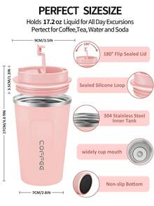1 قطعة كوب قهوة محمول من الفولاذ المقاوم للصدأ بسعة 510 مل (17.2 أونصة) ، مصمم بطبقة مزدوجة ، كوب قهوة للسفر مع مؤشر درجة الحرارة وغطاء مانع للتسرب ، قابل لإعادة الاستخدام ومقاوم للتسرب ، مناسب للاستخدام في الخارج والسيارة والمكتب والدراسة والمنزل كمشروب ساخن أو بارد - متعدد الألوان - مشاهدة 9