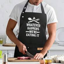 Funny Chef Apron For & - Adjustable Cooking Apron With "Whatever Happens We're Eating It" Slogan & /Fork Design - Heavy-Duty BBQ Apron, One Size Fits All - Ideal Gift For Dad, Mom, Chefs (Black/White) - Đen- - Xem 1
