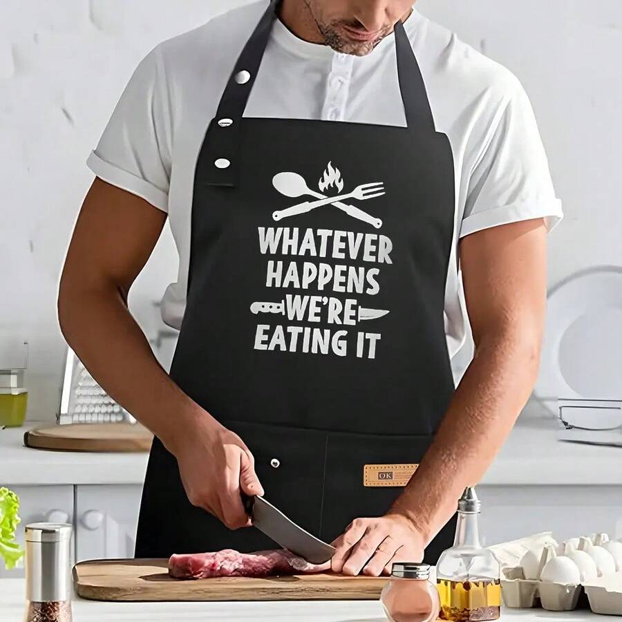 Funny Chef Apron For & - Adjustable Cooking Apron With "Whatever Happens We're Eating It" Slogan & /Fork Design - Heavy-Duty BBQ Apron, One Size Fits All - Ideal Gift For Dad, Mom, Chefs (Black/White) - Đen- - Xem 1