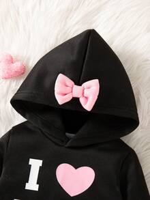 2件套女婴休闲时尚字母蝴蝶结印花长袖连帽卫衣和裤子套装，带保暖内衬，秋冬季 - 黑色 - 查看 3