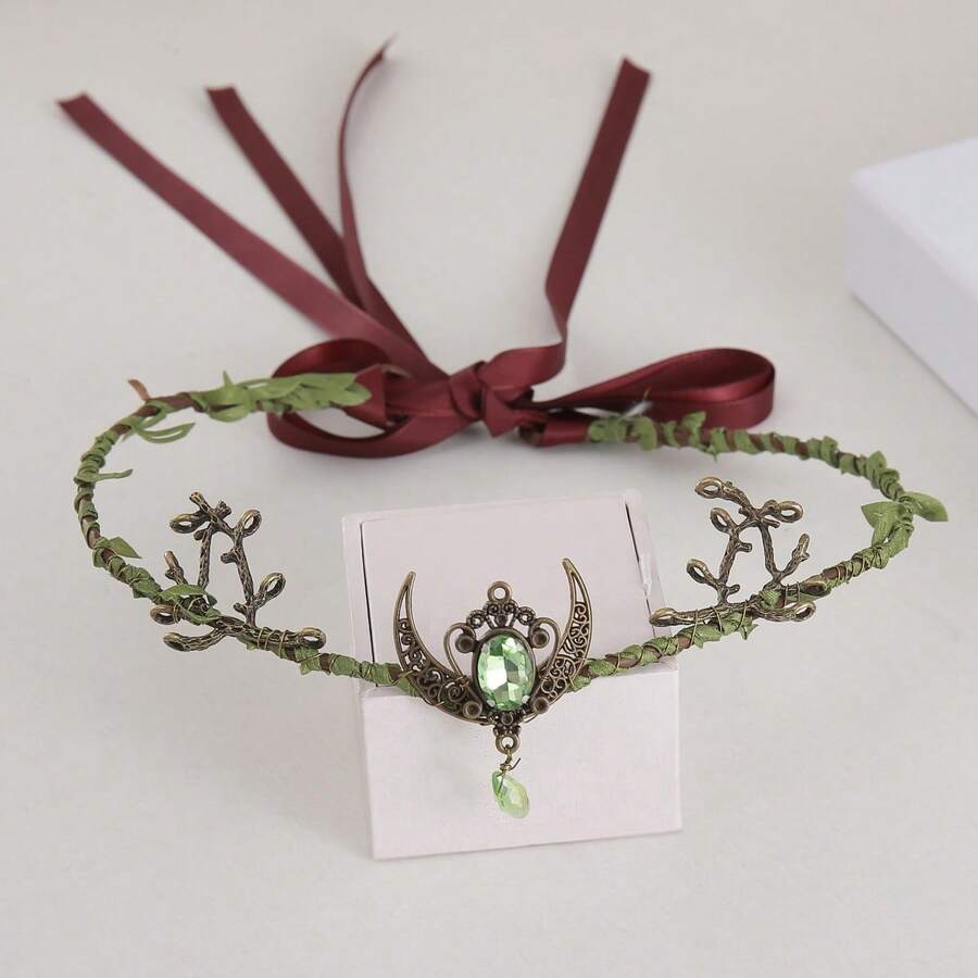 1件波西米亚风花冠，可调节额饰，仙女风锌合金花冠，四季皆宜，皇冠，头饰，头饰，发饰，花环，发饰，金色皇冠，准新娘，金色头饰，头饰皇冠，婚礼，夏威夷风情女装 - 綠色 - 查看 1