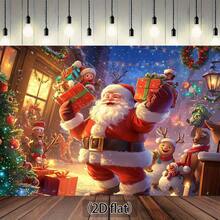2D 1pc Santa Claus Christmas Party Backdrop With Reindeer And Gift Boxes - Christmas Celebration Theme, No Electricity Required, Suitable For Indoor Activities And Christmas Gatherings, Christmas Decoration