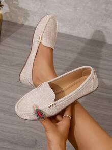 女士平底乐福鞋新款便士鞋女低帮驾车鞋平底妈妈鞋大码绒面革休闲鞋，秋季 - 米色 - 查看 2
