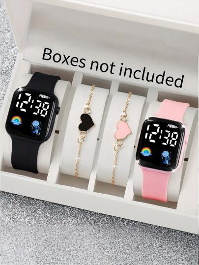 4/2pcs/Set Girls' Simple And Cute LED Rainbow Digital Display Electronic Watch Paired With A Cute Heart Bracelet, Suitable For Girls To Wear, Perfect For Daily Life Such As Returning To School, Parties, And Travel, Very Suitable As A Gift For Friends, Couples, Birthday Gifts, Graduation Season, The Perfect Gift For Girls