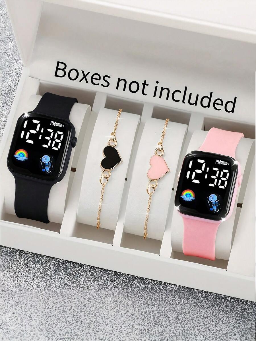 Set de 4/2 piezas Reloj electrónico digital con pantalla LED arcoíris elegante y lindo para niñas, emparejado con pulsera adorable con forma de corazón, adecuado para niñas, excelente para volver a la escuela, fiestas, viajes y vida diaria, regalo perfecto para amigos, parejas, cumpleaños, graduaciones