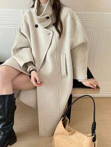 Fashionable Women's Long Double-Faced Wool Coat Long Sleeve Waterfall Neckline Drop Shoulder Design With Functional Buttons And Pockets Regular Fit Overcoat. - Beige - View 7