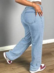 Mid-Rise Wide-Leg Jeans For Women - Jeans With Slanted Pockets And Pearl Decoration, Fashionable And Comfortable Wide-Leg Pants For Parties And Daily Wear - Light Wash - View 6