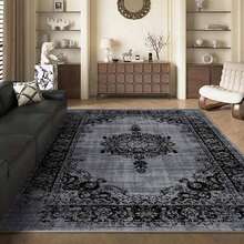 Elegante alfombra de área vintage con patrón floral simétrico, cómoda para dormitorio, sala de estar, estudio, entrada, decoración de habitación como alfombra de piso, moderna alfombra de piso absorbente de poliéster, lavable y antideslizante, alfombra para sala de estar - Decoración del hogar de temporada, alfombras para dormitorio, alfombras grandes para sala de estar, tonos negros, alfombra para dormitorio, decoración de sala de estar - Multicolor - Ver 5
