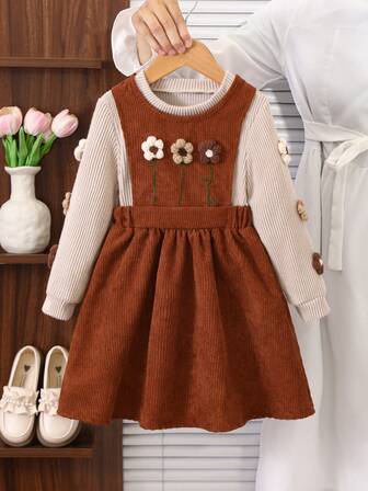 Set de 2 piezas: Camiseta interior de manga larga con cuello redondo y estampado floral + Vestido de cuello redondo con cintura ceñida para niñas de 4 a 7 años, estilo coreano