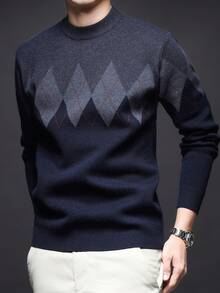男士厚圆领毛衣，商务休闲提花针织长袖上衣，百搭叠穿单品，格子条纹图案，秋冬