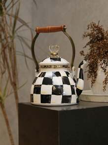 1pc Vintage Classic Plaid Wooden Handle Enamel Teapot, Cup, Large Capacity Straight Canister With Lid, Nordic Style Diamond Lid Large Capacity Kettle, Multipurpose High Temperature Resistant Kettle, Coffee Pot, Milk Tea Pot, Fruit Tea Pot, Unbreakable And Non-Stick Oil Pot, Back To School Supplies - Plaid - View 14