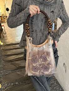 Bolsa de ombro plissada estilo chinês vintage com flor de rosa Batik e axilas, bolsa de ombro grande para passeios diários - Damasco - Ver 6