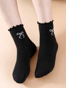 1/3/5/10/15/20 双装 女士黑色荷叶边蝴蝶结舒适简约 JK 款吸湿排汗中筒袜 - 黑色 - 查看 3