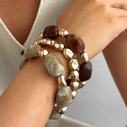 3pcs/Set Fashionable Retro Exaggerated Bohemian, Thick Multi-Layer Acrylic Beaded Bracelet For Women, Couples, Party, Daily Wear, Luxury High-End