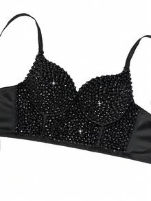 Black Beaded Handmade Fishbone Punk Style Women's Corset Camisole, With Padded Cups, Gothic Corset Bra - Black - View 6