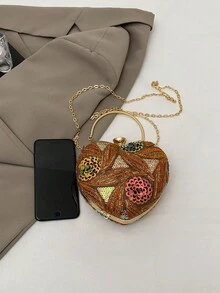 Túi xách hình trái tim bất đối xứng họa tiết hoa mùa hè, Ví cầm tay dự tiệc tối thanh lịch dành cho quý cô, Túi đeo vai dự tiệc, Ví cầm tay dự tiệc trang trọng, Túi đeo chéo xích, Ví đựng son môi và tiền xu - màu nâu - Xem 10
