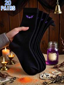 1/3/5/10/15/20 pares de calcetines con temática de Halloween, calcetines unisex con diseño de murciélagos para fiestas de Halloween, calcetines de media pantorrilla que absorben la humedad - Negro - Ver 25