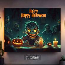 2D Flat, 1 Piece Halloween Party Backdrop With Pumpkin, Candle And Smiling Zombie Design - Scary 2D Flat Decor, Suitable For Indoor Celebration, No Electricity Required, Polyester Material, Halloween Decoration, Halloween Party Decor, Holiday Tabletop Arrangement, 2D Flat