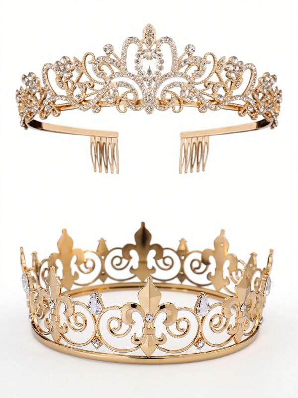 1 Set (2pcs) Elegant Crown Decor Set, Zinc Alloy Material With Shiny Rhinestones, Bridal Crown Ornament For Wedding Party