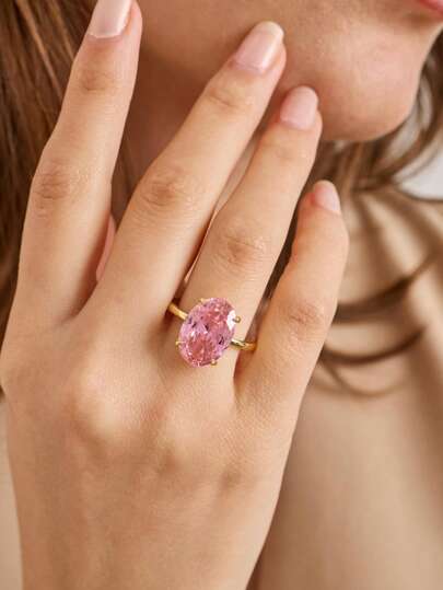 1 Piece Stylish Luxury Pink Zirconia Exquisite Ring Gorgeous Temperament Women's Engagement Jewellery Date Gift Suitable For Any Occasion Simple And Luxurious.
