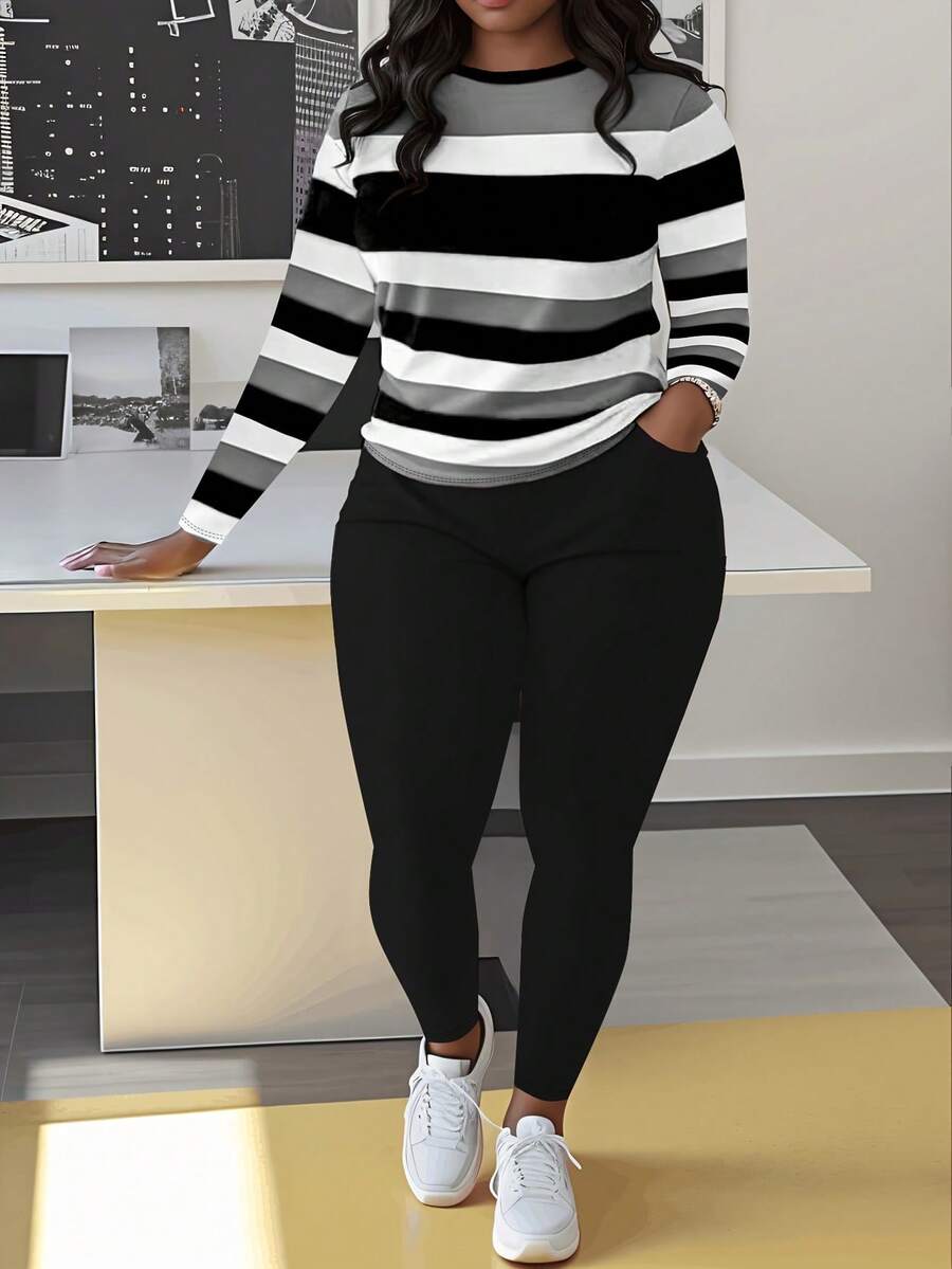 Plus Size Striped Long Sleeve Top And Solid Color Pants Set - Casual Polyester Blend With Pocket Detail, Medium Stretch Fabric, Round Neck Women'S Plus Size Outfit - 黑色 - 查看 1