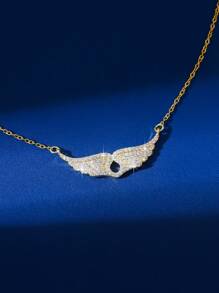 1pc Copper Cubic Zirconia V-Shaped Angel Wing Pendant Necklace, Charming Luxury Fashion Delicate Design Choker Chain Necklace For Women, Party Decor